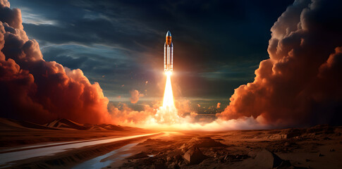 Space shuttle launch from Earth - Startup, breakthrough, optimistic future, innovation and Space Exploration and Red Planet concept with launched rocket to the outer space. 