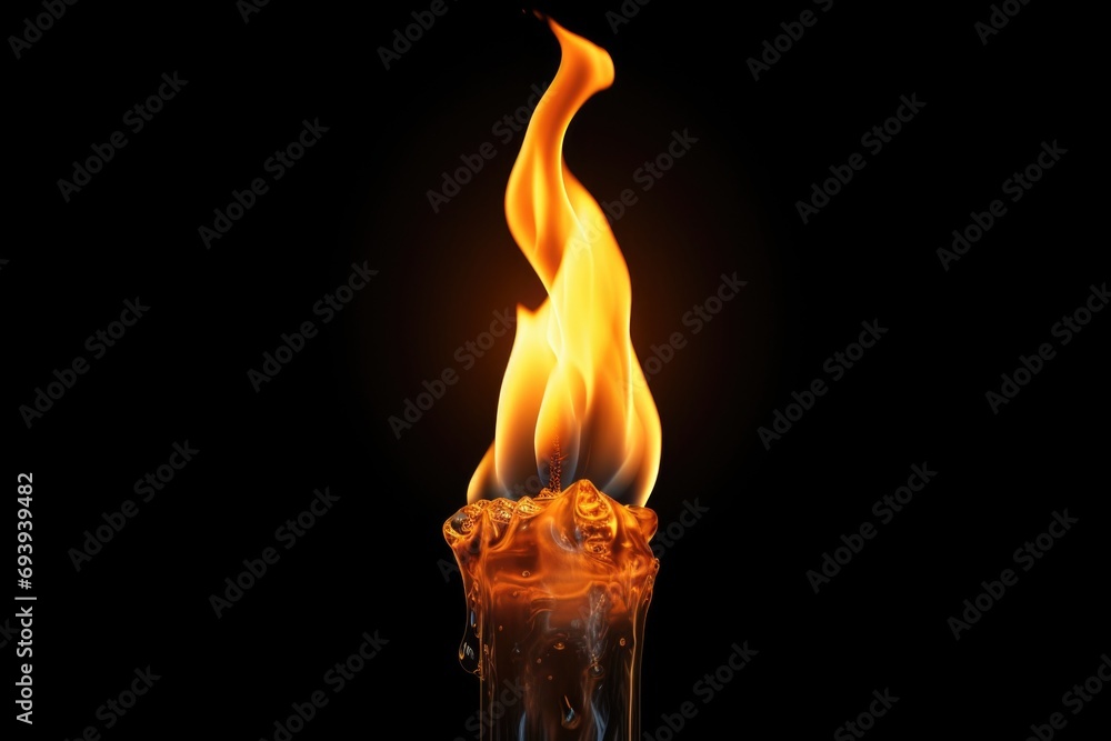 Poster a lit candle with flames on a black background. suitable for creating a warm and cozy atmosphere.