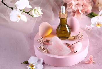 Obraz na płótnie Canvas Guasha massage tools and aroma oils, spa concept