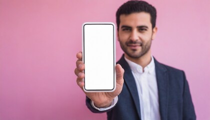 Fototapeta na wymiar Close up of man hand holding modern smart phone mockup, pink background