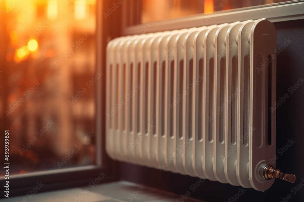 Poster a detailed view of a radiator placed on a window sill. this image can be used to depict heating, ene