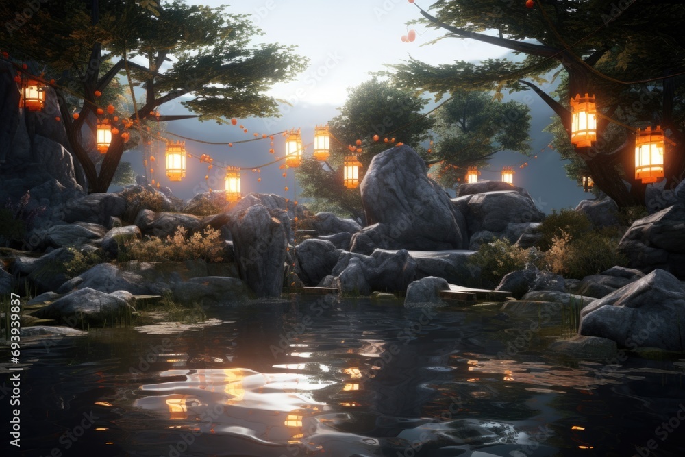 Aufkleber a serene image of a small stream running through a vibrant and dense forest. perfect for nature love