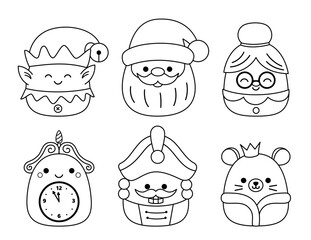 Cute kawaii Santa Claus, elf, clock, Nutcracker. Coloring page. Squishmallow. Black white. Vector