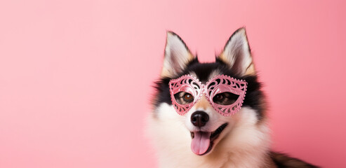 Cheerful dog in a masquerade mask on a pink background with copyspace - obrazy, fototapety, plakaty