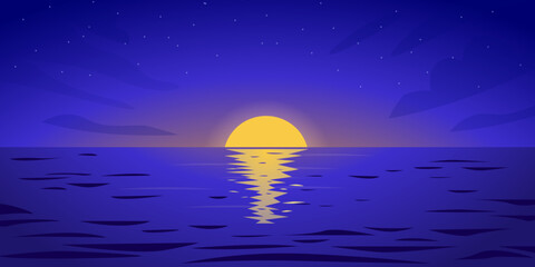 Vector beautiful sunset, reflection of the sun on the water. Beautiful evening landscape at sea sunset in blue tones. vector illustration cartoon background