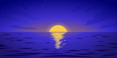 Deurstickers Vector beautiful sunset, reflection of the sun on the water. Beautiful evening landscape at sea sunset in blue tones. vector illustration cartoon background © Katrin_the_artist