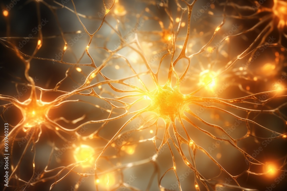 Poster a detailed close-up of interconnected neurons, highlighting the intricate network of the brain. suit