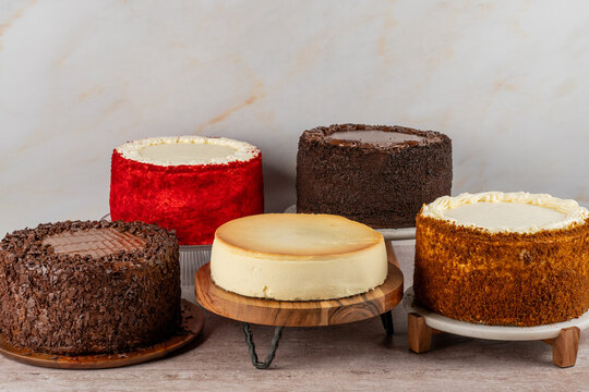 Variety of cakes on cake stands 