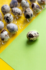 Creative quail egg layout on colorful background. Quail eggs pattern. Happy easter concept. Minimal design. flat lay, eggs pattern. Springtime Banner with Copy space