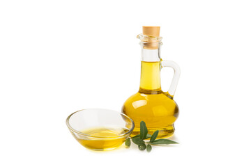 Bottle of fresh olive oil and olives with leaves isolated on white background. Delicious olive oil in a glass bottle. olive oil bottle. Salad dressing. Oil for frying.