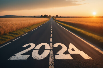 View of a landscape with a road running through it in the center reaching to the horizon. The writing 2024 on the asphalt - New Year and business concept - obrazy, fototapety, plakaty