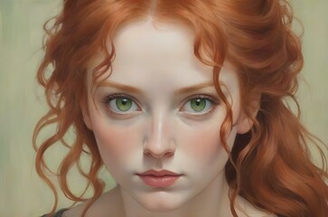 A portrait of a woman with red hair, green eyes and rosy cheeks. Generative AI
