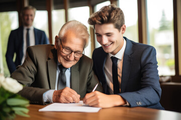 A young guy helps an elderly man fill out paperwork Helping old people lawyer