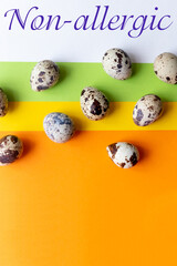 Creative quail egg layout on colorful background. Quail eggs pattern. Happy easter concept. Minimal design. flat lay, eggs pattern. Springtime Banner with text non allergic