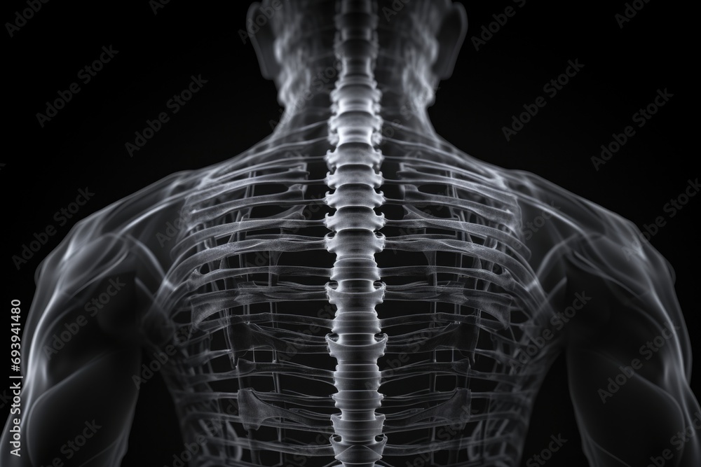 Poster a close-up view of the back of a man's skeleton, specifically showing the ribs. this image can be us