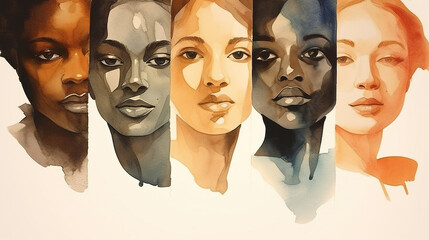 collage of young multiracial women studio shot, caucasian and afro female multiethnic diversity concept, fashion models with perfect skin illustration