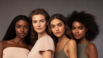 young multiracial women studio shot, caucasian and afro female multiethnic diversity concept, fashion models with perfect skin looking at camera