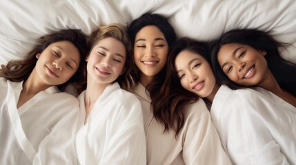 Obraz premium young multiracial women studio shot, caucasian and afro female multiethnic diversity concept, fashion models with perfect skin looking at camera