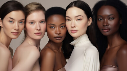 young multiracial women studio shot, caucasian and afro female multiethnic diversity concept, fashion models with perfect skin looking at camera