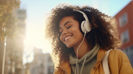 A woman with curly hair wearing headphones. Perfect for music enthusiasts and podcast listeners