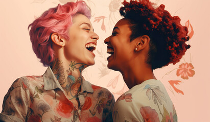 happy lgbtq woman couple smiling and hugging, cheerful queer women dating and embracing - obrazy, fototapety, plakaty