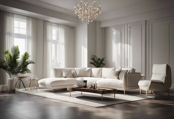 Naklejka na ściany i meble Modern interior of living room with white sofa 3d render