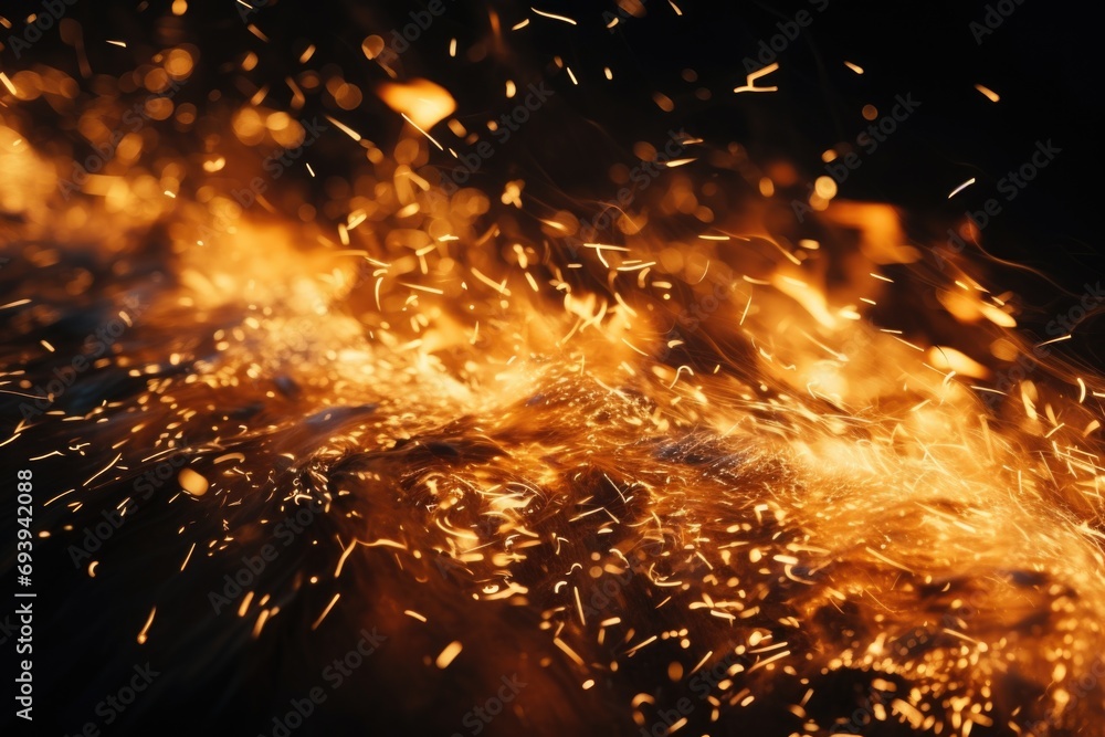 Poster A close-up view of a fire with sparks flying out. Perfect for adding a dynamic touch to your creative projects
