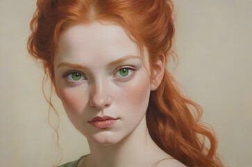 A portrait of a woman with red hair, green eyes and rosy cheeks. Generative AI