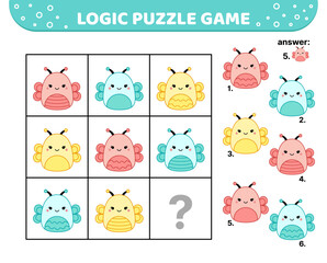 Logic puzzle game. Cute butterfly. For kids. Squishmallow. Cartoon, kawaii