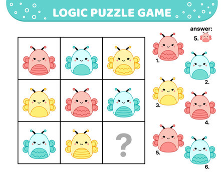 Logic puzzle game. Cute butterfly. For kids. Squishmallow. Cartoon, kawaii