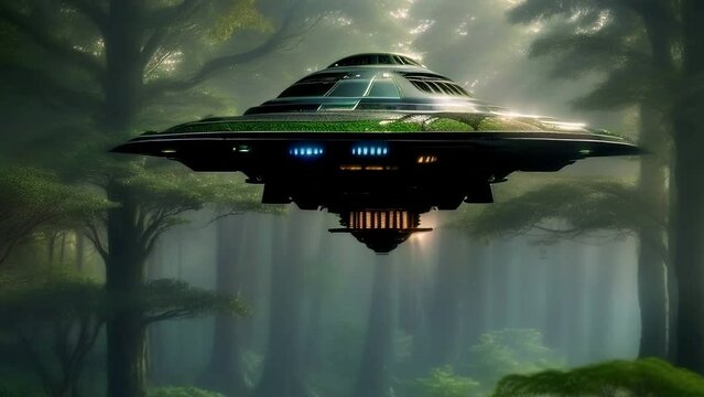 Alien ufo spaceship fly above forest. Futuristic mystery saucer invasion. 3d space ship hover. Mystic starship attack. Humanoid spacecraft landscape. Gravity flight. Nature park spy hiding. Green wood