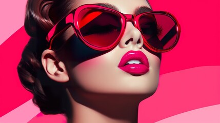 woman is wearing pink sunglasses, vividly bold designs, light red and dark pink, retro pop art