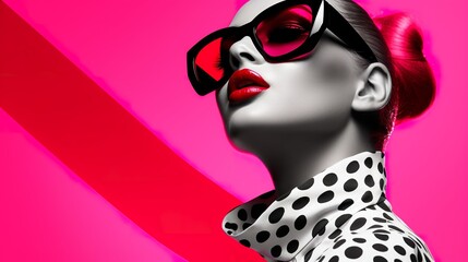 woman is wearing pink sunglasses, in the style of graphic black and white, vividly bold designs, light red and dark pink, retro pop art