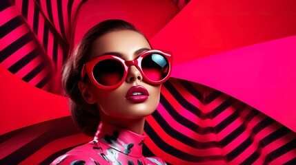 woman is wearing pink sunglasses, vividly bold designs, light red and dark pink, retro pop art - obrazy, fototapety, plakaty