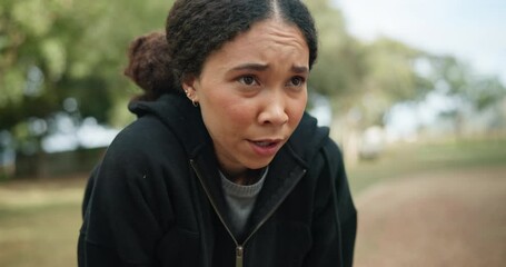 Tired woman, runner and break in park for fitness, workout or cardio exercise in the nature outdoors. Exhausted female person breathing in rest from running, exercising or intense training outside - Powered by Adobe