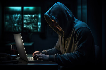 Hacker wearing hoodie in front of a laptop. Generative AI