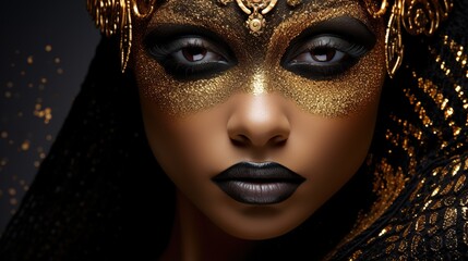 african queen with golden crown and jewelry, portrait of black woman in gold accessory