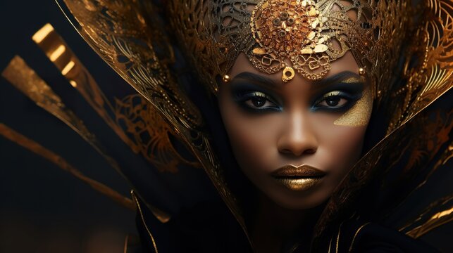 african queen with golden crown and jewelry, portrait of black woman in gold accessory