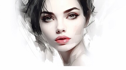 portrait of beautiful fashionable woman with red lips, young sensual female looking at camera, in style of sketch illustration