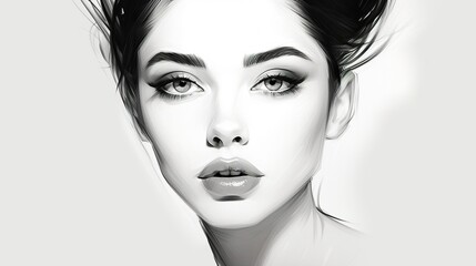 portrait of beautiful fashionable woman, young sensual female looking at camera, black and white sketch illustration - obrazy, fototapety, plakaty
