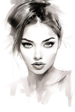 portrait of beautiful fashionable woman, young sensual female looking at camera, black and white sketch illustration