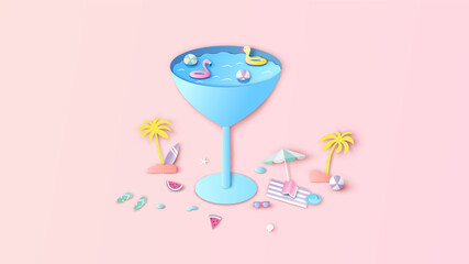 Abstract of sea in a Wine glass with beach equipment. Creative design for sea in a Wine glass. Summer. paper cut and craft style. vector, illustration.