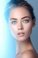 Obraz premium young beautiful brunette woman with perfect skin and blue eyes portrait, beauty and skincare concept