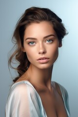 young beautiful brunette woman with perfect skin and blue eyes portrait, beauty and skincare concept