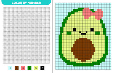 Avocado squishmallow. Color by number. Pixel coloring book. Numbered squares. Game for kids. Vector