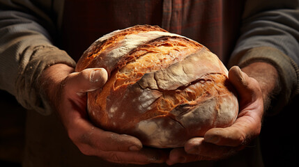 A baker holds freshly baked bread in his hands. home concept, own production, homemade bread