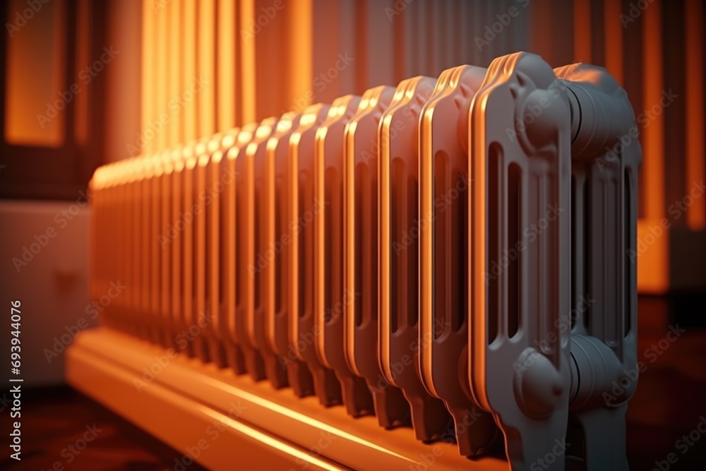 Poster a detailed close-up view of a radiator in a room. this image can be used to showcase interior heatin