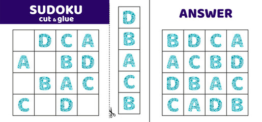 Sudoku with four floral letters A, B, C, D. Game puzzle for kids. Cut and glue. Doodle - obrazy, fototapety, plakaty