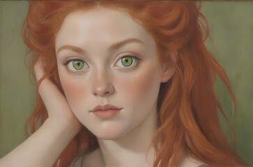 A portrait of a woman with red hair, green eyes and rosy cheeks. Generative AI