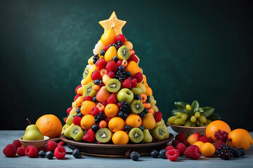 A Christmas tree made of natural healthy fruits on a festive New Year's table. Proper nutrition,...